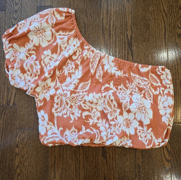 HURLEY Floral ONE Shoulder Top Burnt Orange White Puff Sleeve Size L - Picture 1 of 8